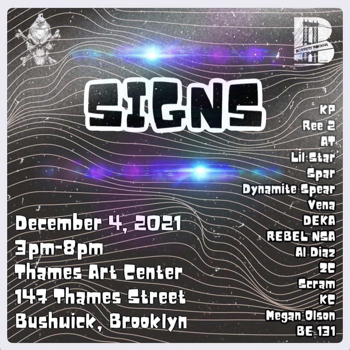 Image of announcement for SIGNS art show featuring Megan Olson among artists